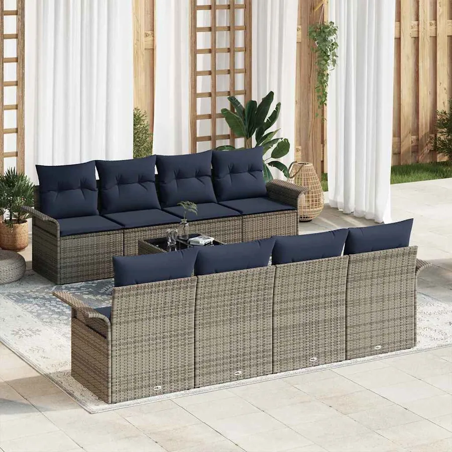 Ensemble de canapé de jardin 9 pcs Gris et marine polyrotin