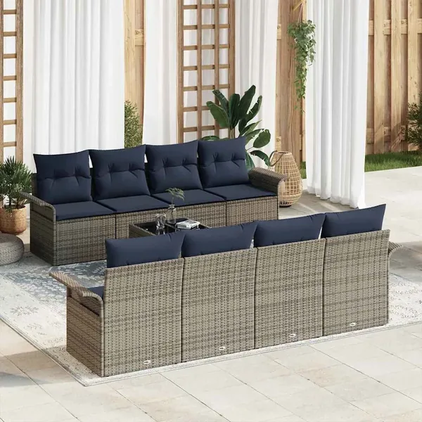 Ensemble de canapé de jardin 9 pcs Gris et marine polyrotin