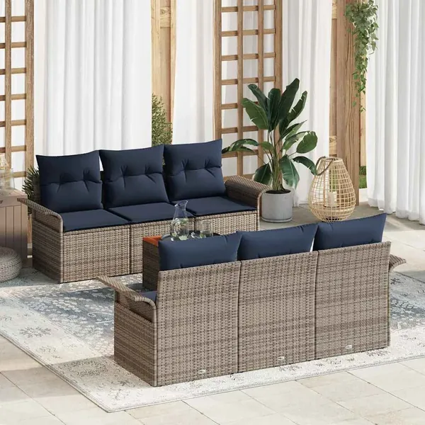 Ensemble de canapé de jardin 7 pcs Gris et bleu marine