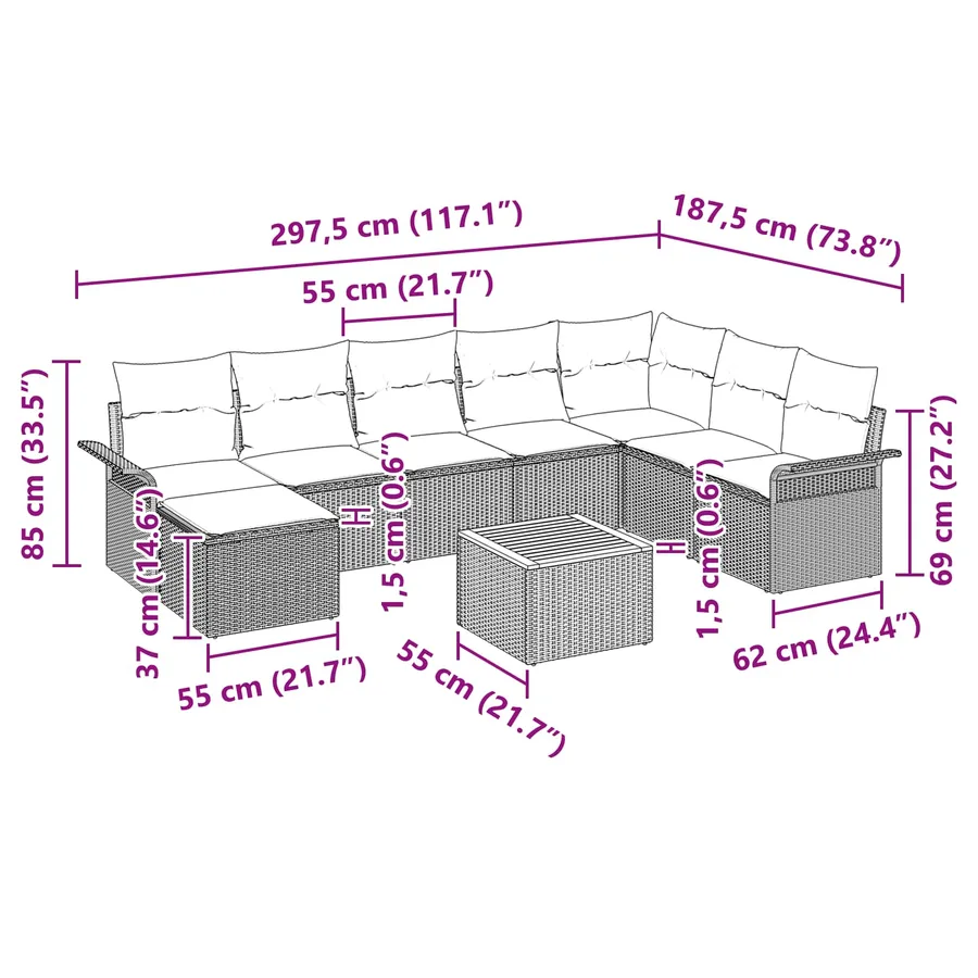 Ensemble de canapé de jardin 9 pcs Gris et bleu marine - 15