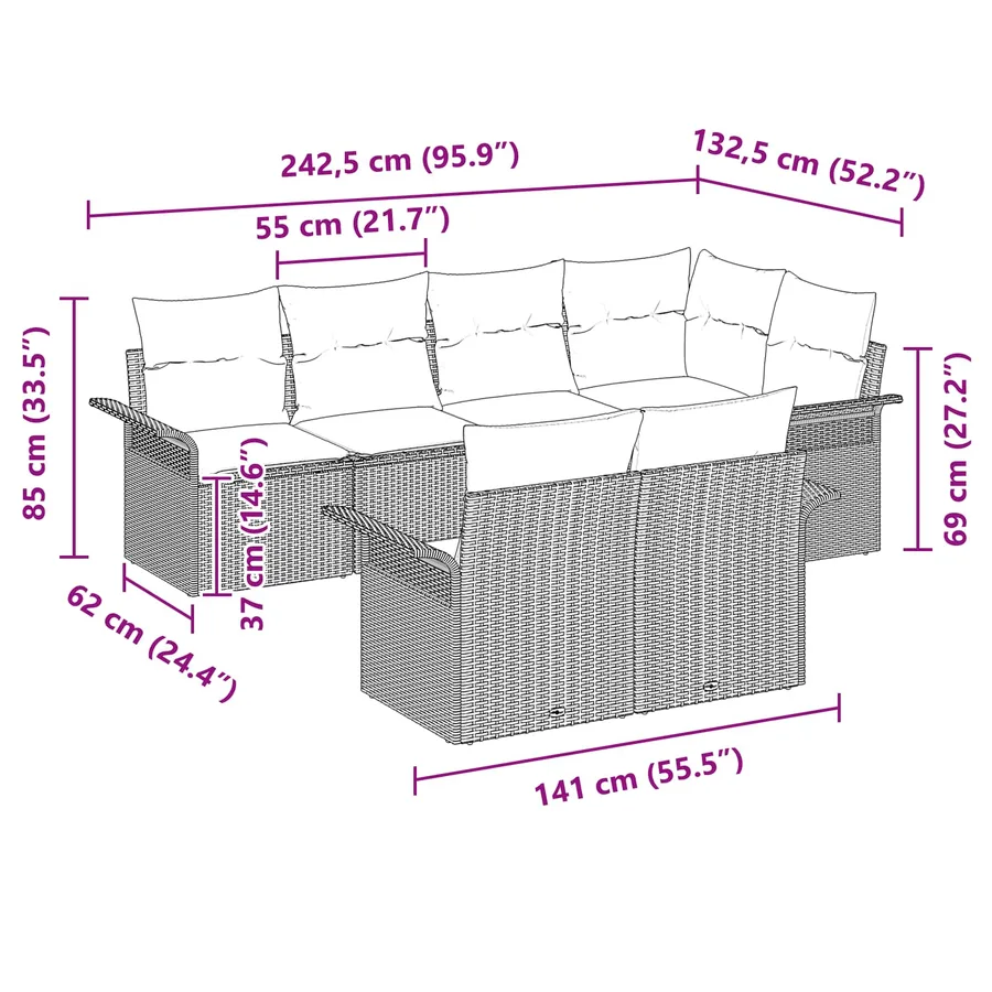 Ensemble de canapé de jardin 7 pcs Marron Poly rotin - 15