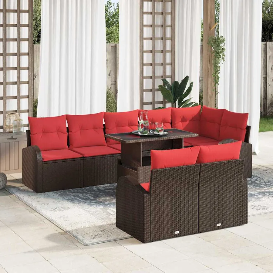 Ensemble de canapé de jardin 9 pcs Marron et rouge polyrotin