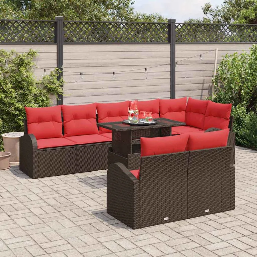 Ensemble de canapé de jardin 9 pcs Marron et rouge polyrotin - 3