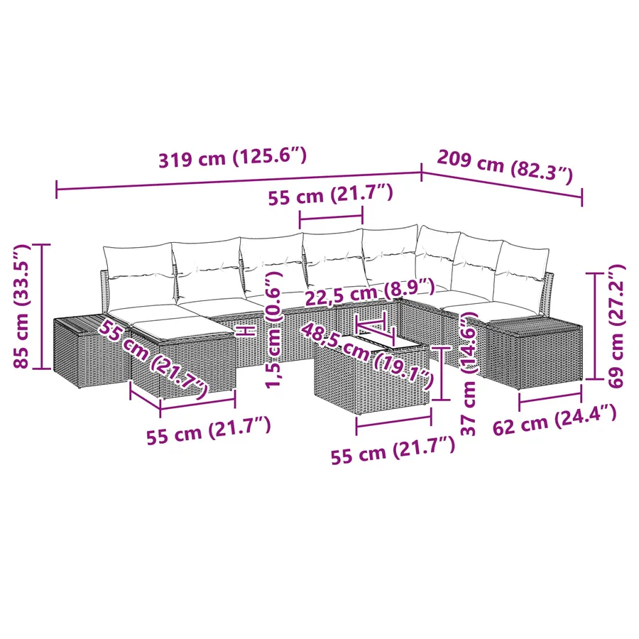 Ensemble de canapé de jardin 9 pcs Marron polyrotin - 10