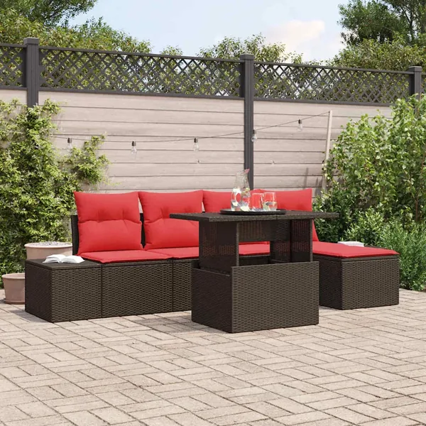 Ensemble de canapé de jardin 6 pcs Marron et rouge polyrotin