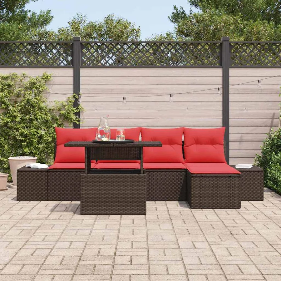 Ensemble de canapé de jardin 6 pcs Marron et rouge polyrotin - 3