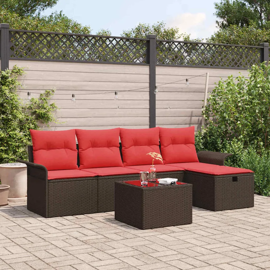 Ensemble de canapé de jardin 6 pcs Marron et rouge polyrotin