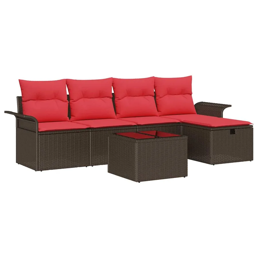 Ensemble de canapé de jardin 6 pcs Marron et rouge polyrotin - 2
