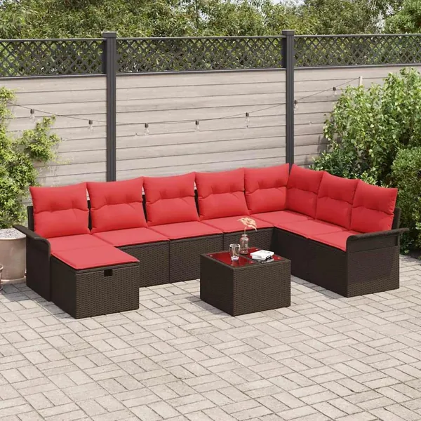 Ensemble de canapé de jardin 9 pcs Marron et rouge polyrotin