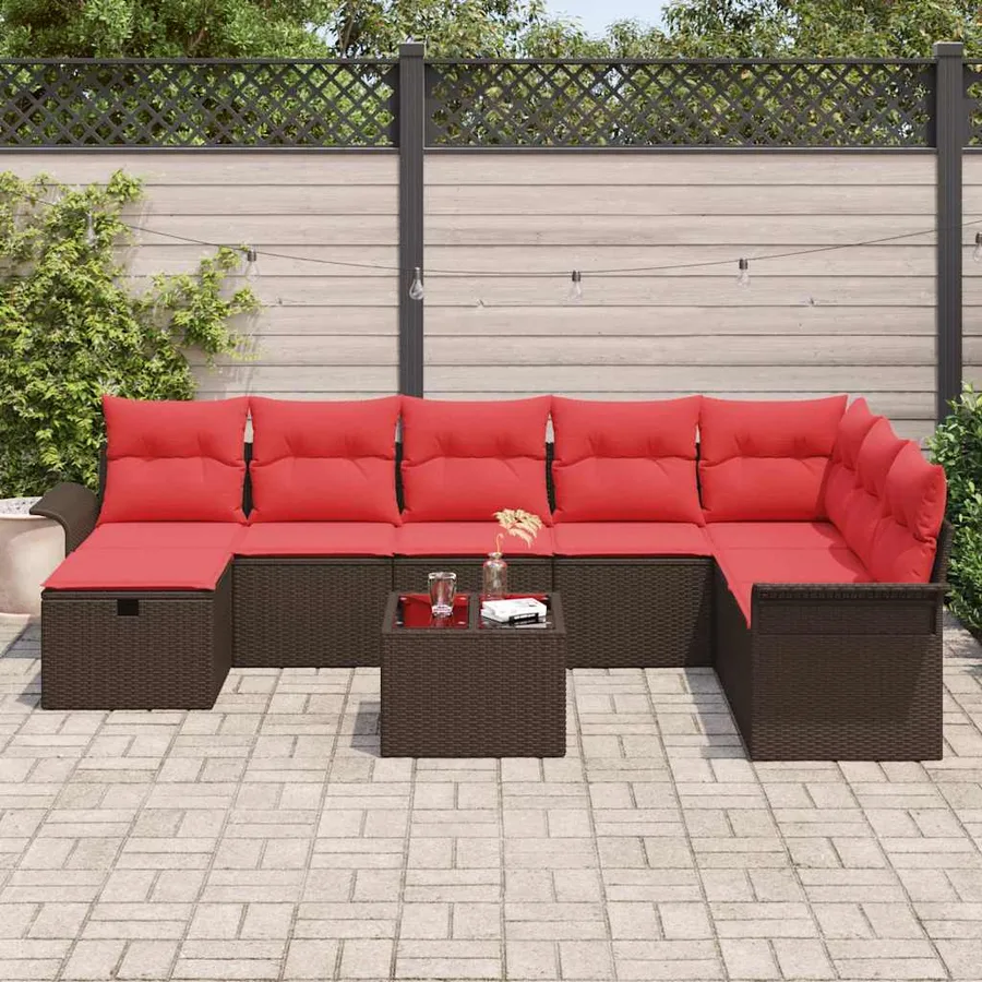 Ensemble de canapé de jardin 9 pcs Marron et rouge polyrotin - 3