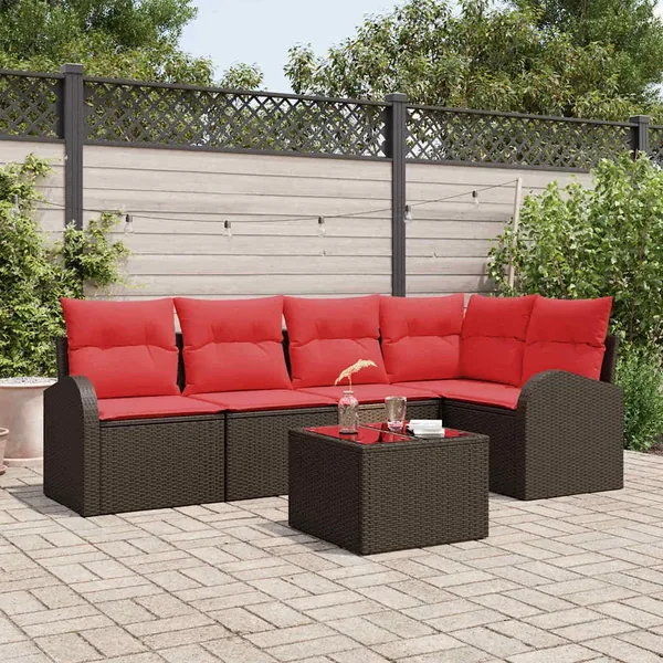 Ensemble de canapé de jardin 6 pcs Marron et rouge polyrotin