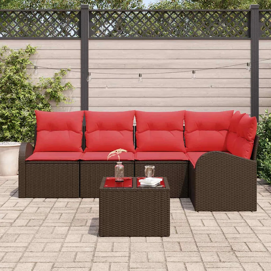 Ensemble de canapé de jardin 6 pcs Marron et rouge polyrotin - 3