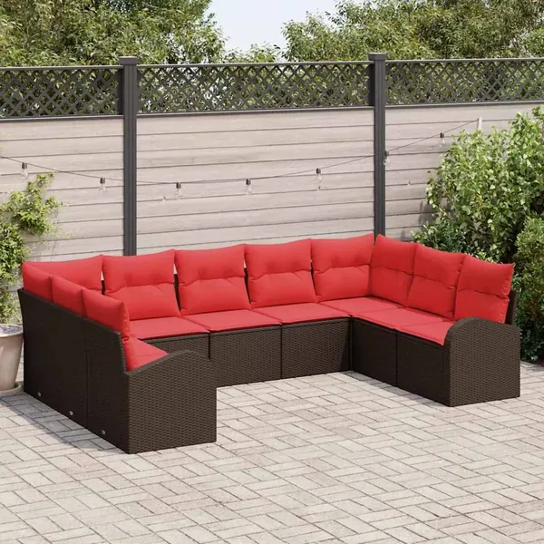 Ensemble de canapé de jardin 9 pcs Marron et rouge polyrotin