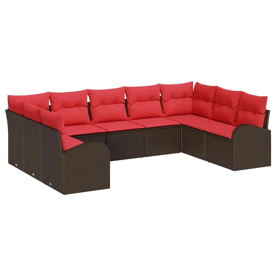 Ensemble de canapé de jardin 9 pcs Marron et rouge polyrotin - 2