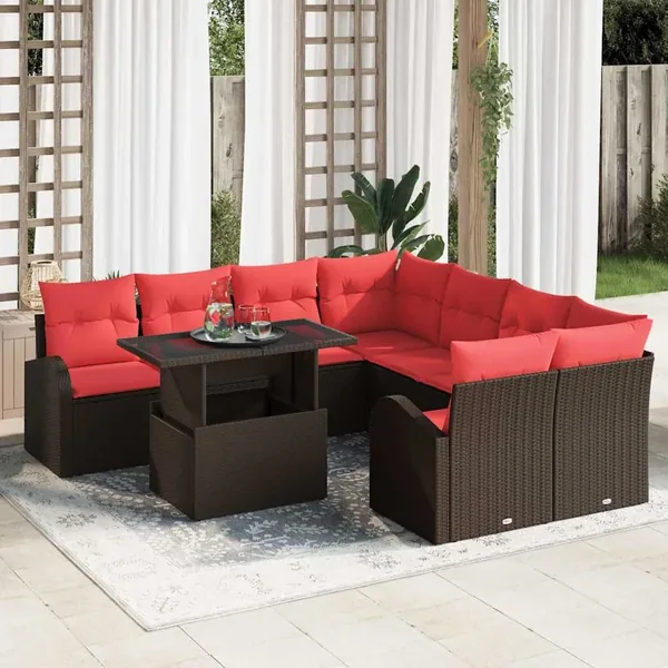 Ensemble de canapé de jardin 9 pcs Marron Poly Rattan