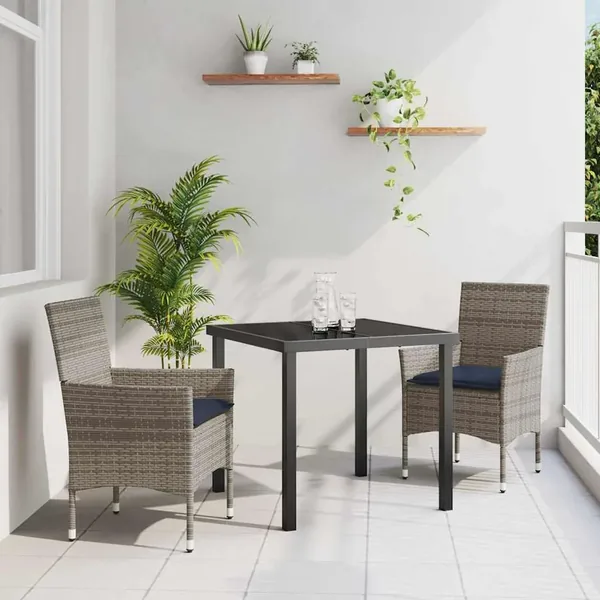Ensemble table et chaises avec coussin 3 pcs Gris Rotin PE