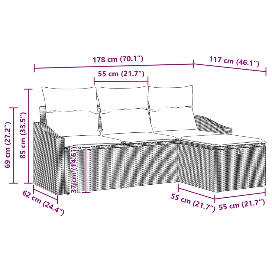 Ensemble de Canapés avec coussin 4 pcs Noir Poly rotin - 9