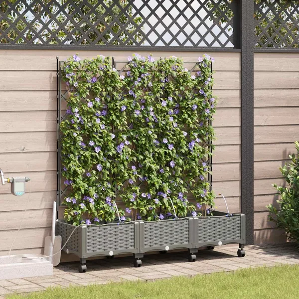Porte-plante de jardin avec irrigation et roues 3 pc Gris clair