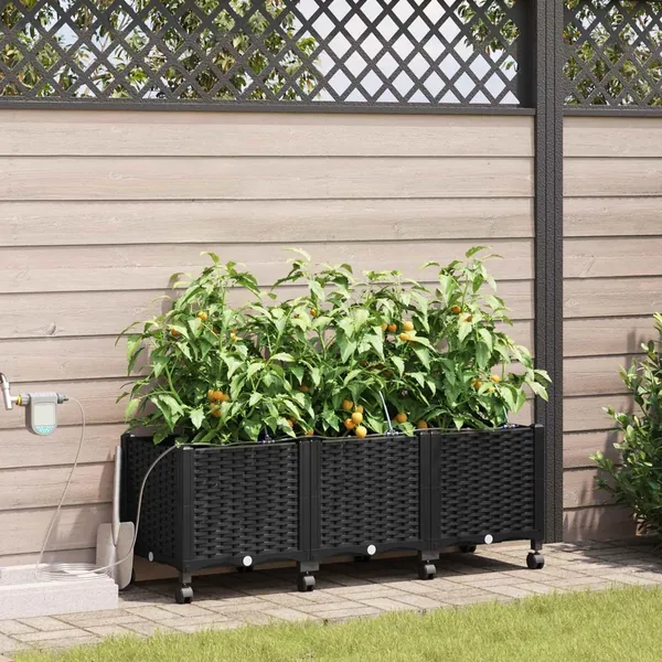 Porte-plante de jardin avec irrigation et roues 3 pc Noir PP