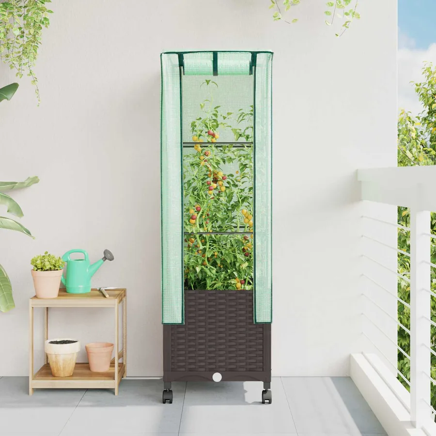Jardinière de jardin avec couverture de serre et roues Marron
