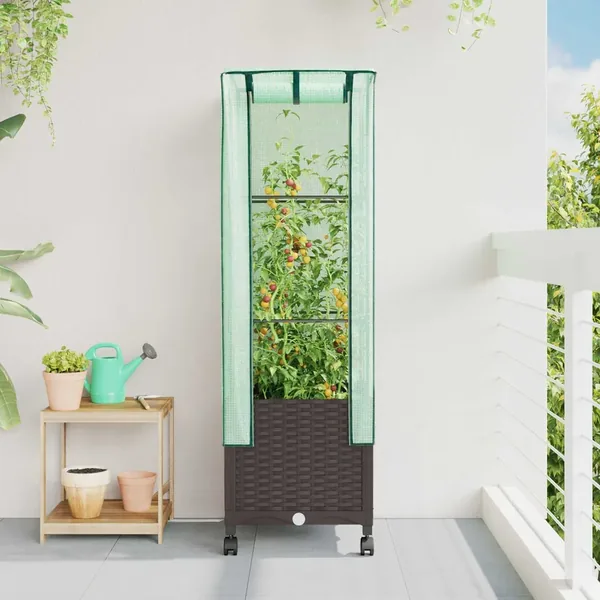 Jardinière de jardin avec couverture de serre et roues Marron