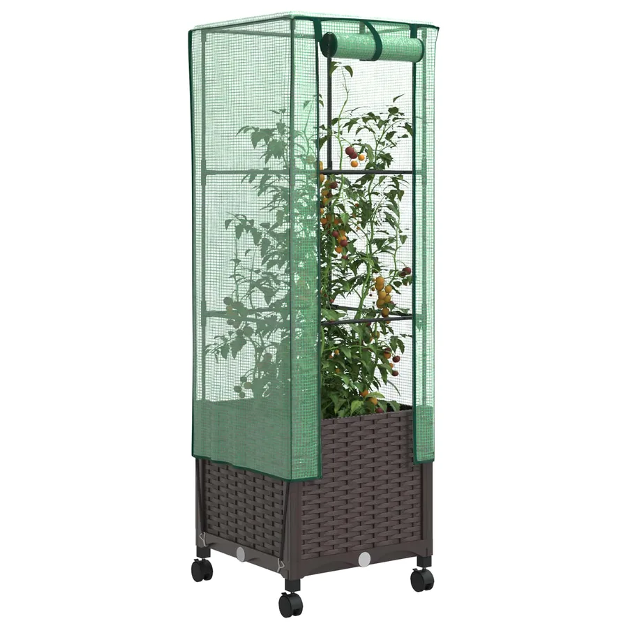 Jardinière de jardin avec couverture de serre et roues Marron - 3