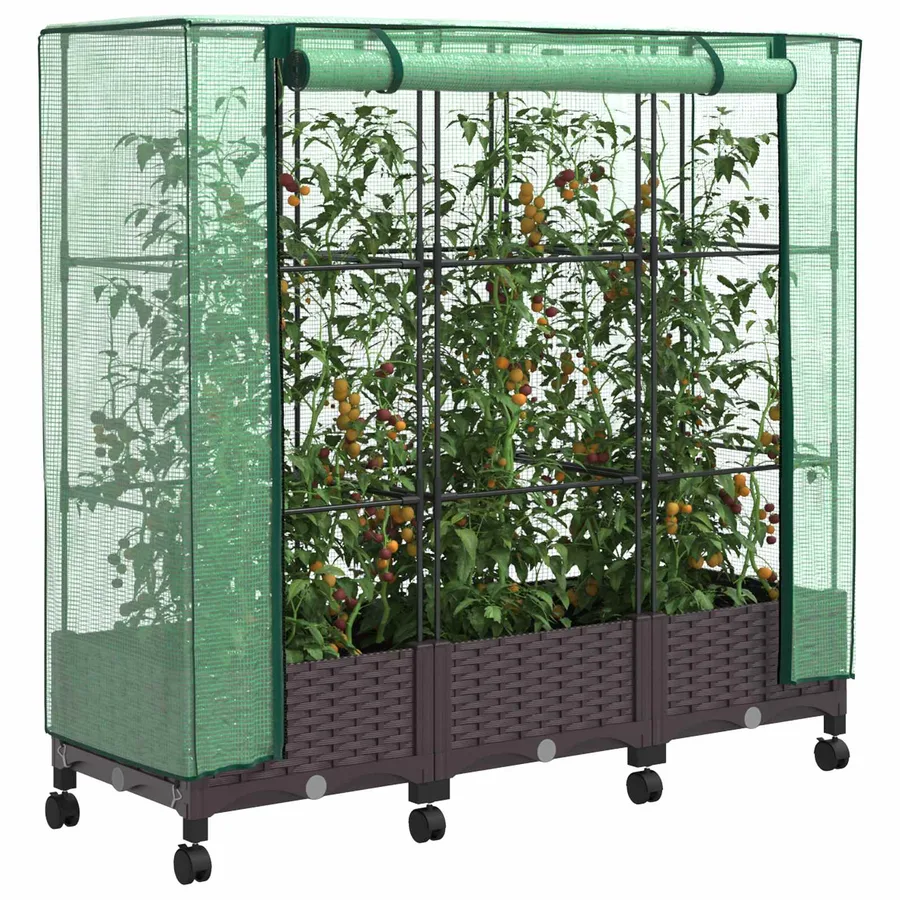 Jardinière de jardin avec couverture de serre et roues 3 pc PP - 3