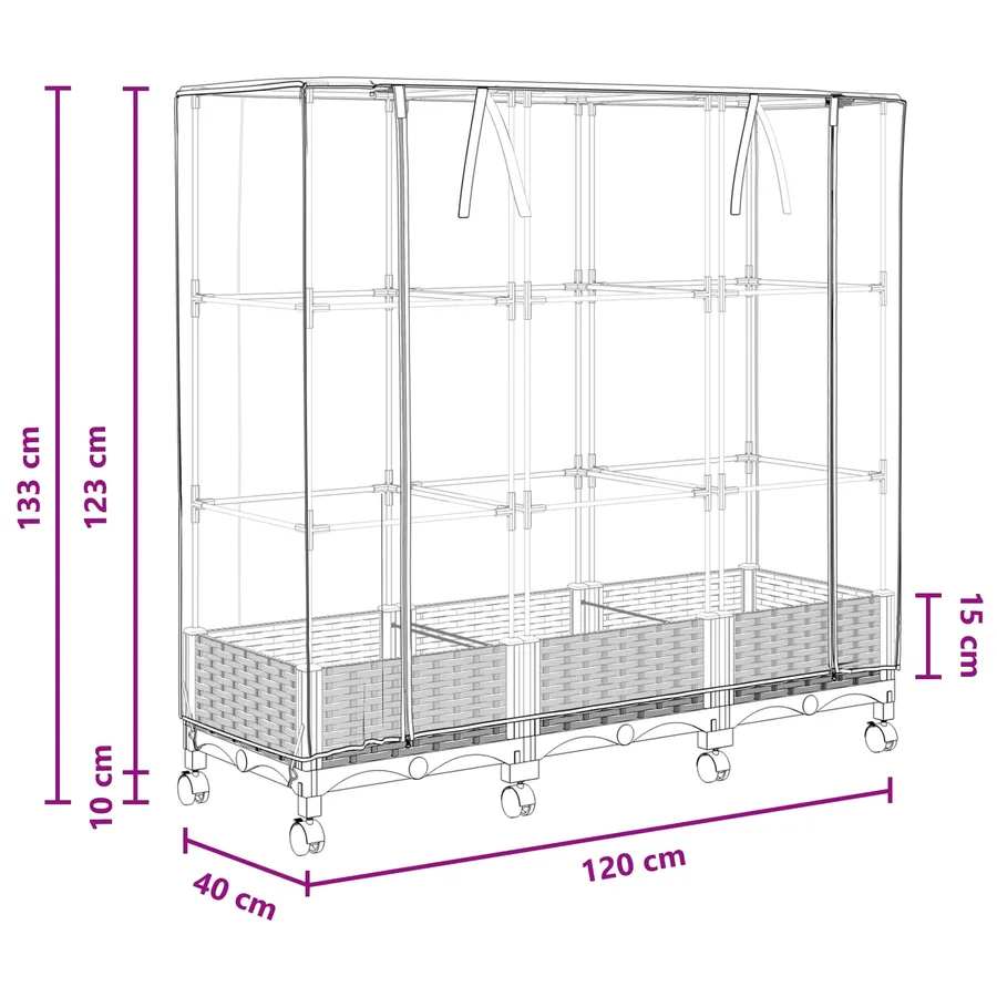 Jardinière de jardin avec couverture de serre et roues 3 pc PP - 8
