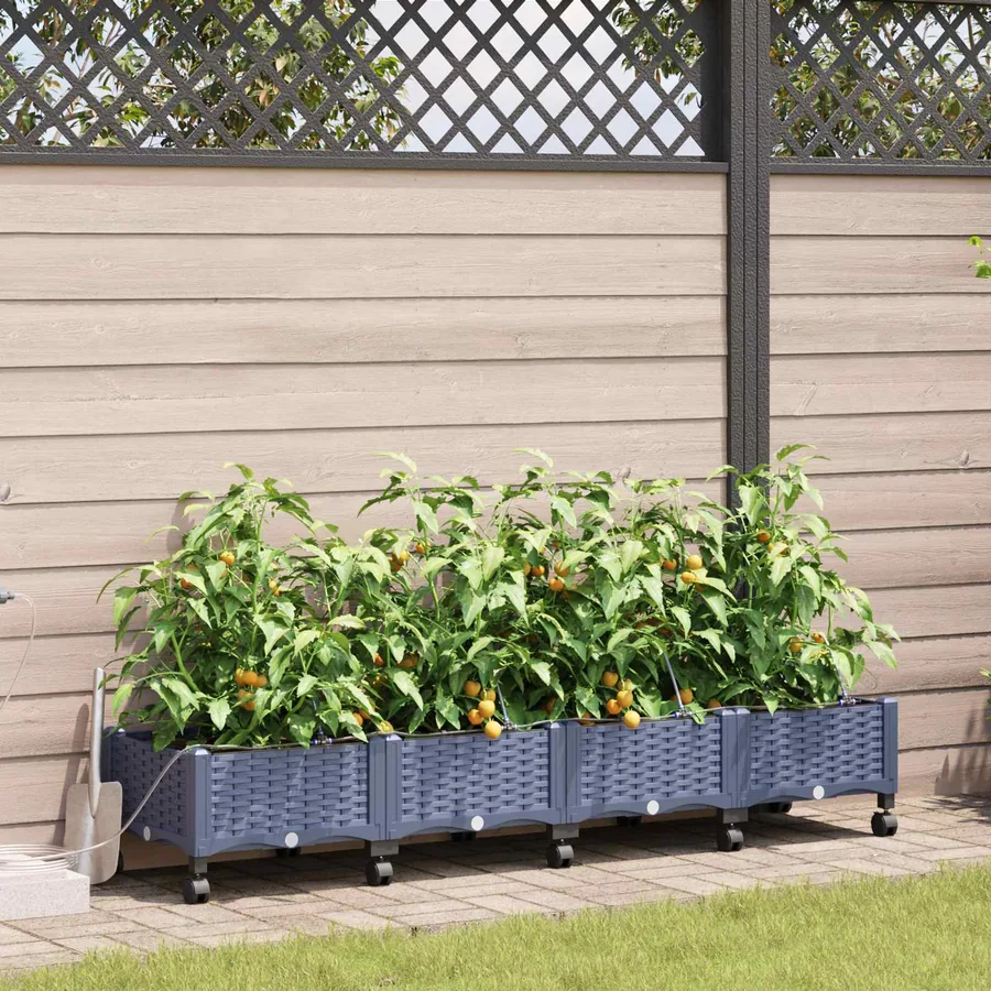 Porte-plante de jardin avec irrigation et roues 4 pc Gris PP