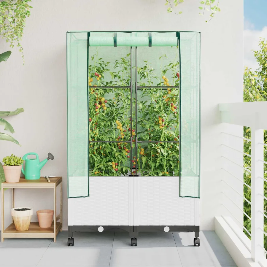 Jardinière de jardin avec couverture de serre et roues 2 pc PP