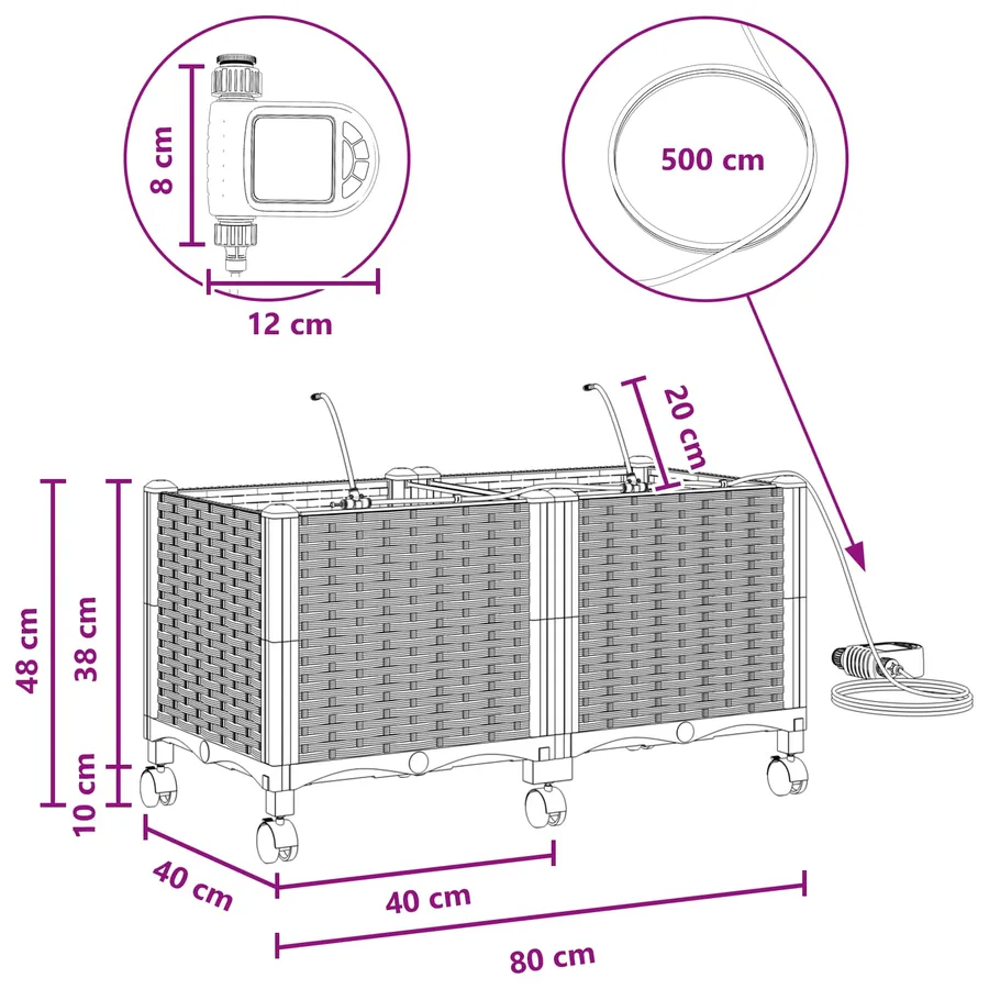 Porte-plante de jardin avec irrigation et roues 2 pc Noir PP - 8