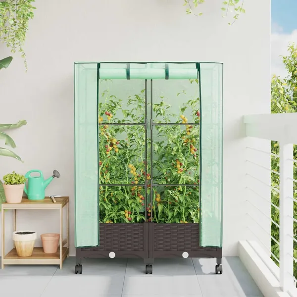 Jardinière de jardin avec couverture de serre et roues 2 pc PP
