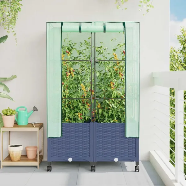 Jardinière de jardin avec couverture de serre et roues 2 pc PP