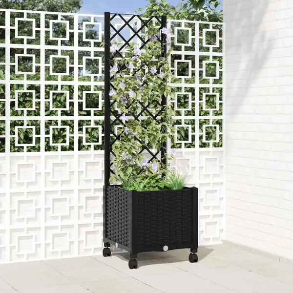 Bac de jardin avec treillis et roues Noir 40 x 40 x 146 cm PP