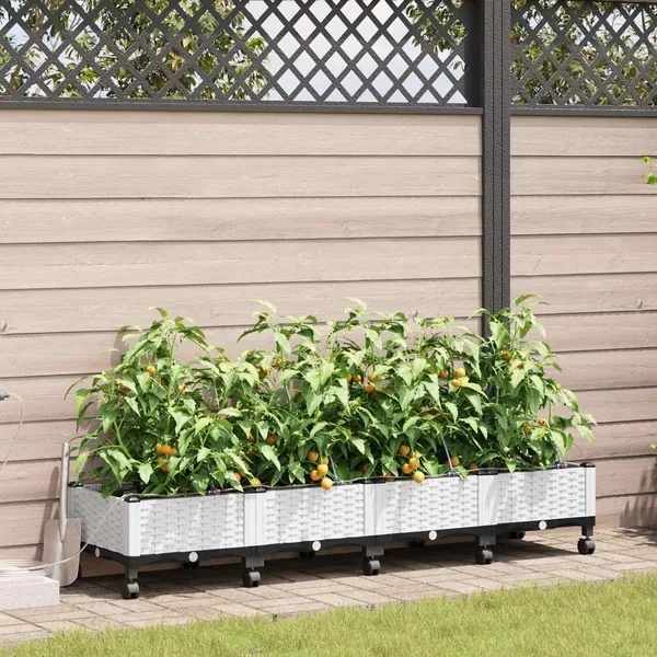 Porte-plante de jardin avec irrigation et roues 4 pc Blanc PP