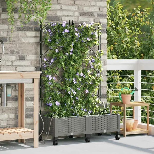 Porte-plante de jardin avec irrigation et roues 2 pc Gris clair