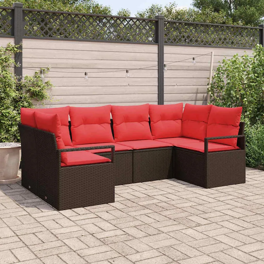 Ensemble de canapé de jardin 6 pcs Marron et rouge polyrotin
