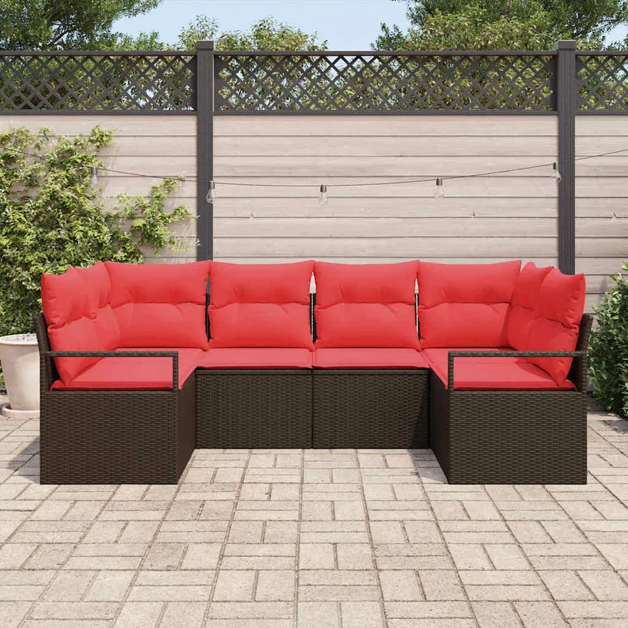 Ensemble de canapé de jardin 6 pcs Marron et rouge polyrotin - 3
