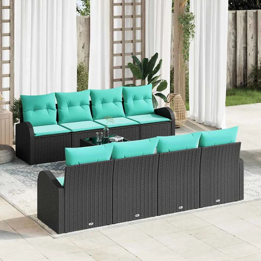 Ensemble de Canapés 9 pcs Noir et turquoise polyrotin