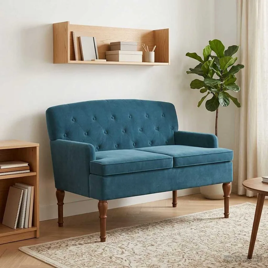 Canapé love seat avec capitonnage en boutons Bleu Velours