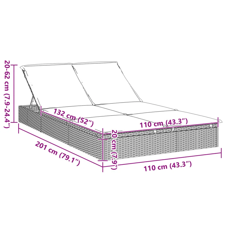 Chaise longue à 2 places avec coussins noir résine tressée - 33