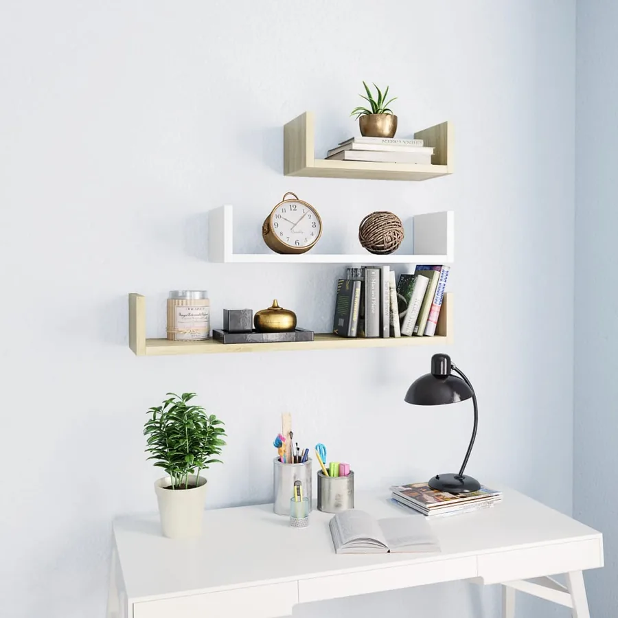 Étagères murales 3 pcs Blanc et chêne sonoma Bois d'ingénierie
