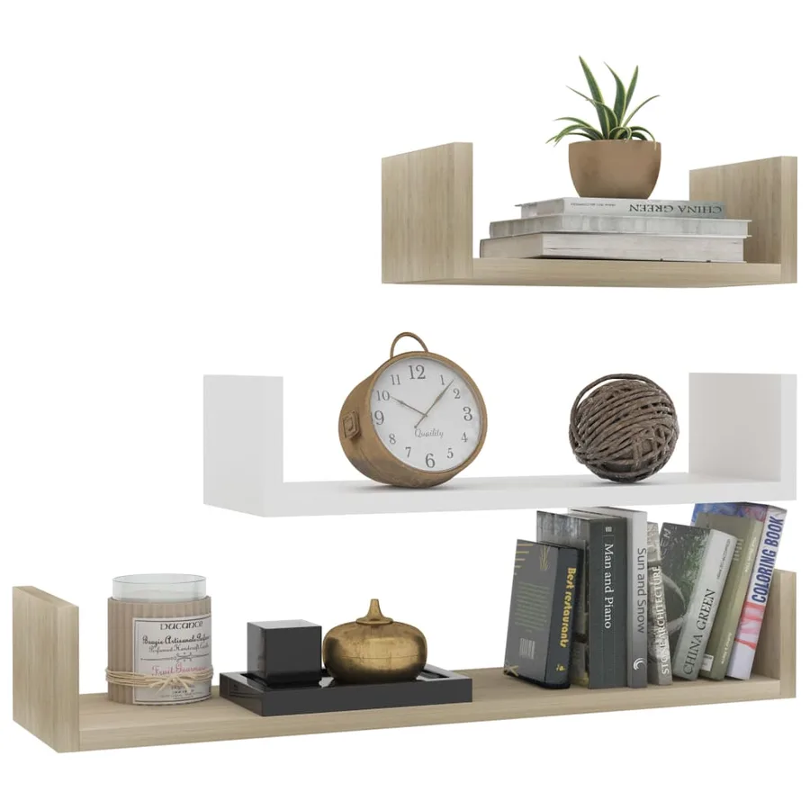 Étagères murales 3 pcs Blanc et chêne sonoma Bois d'ingénierie - 3