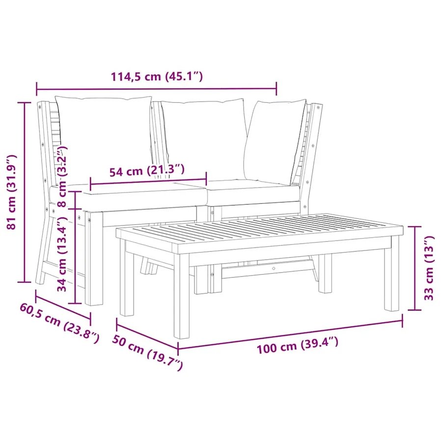 Salon de jardin 3 pcs avec coussin crème Bois d'acacia solide - 9