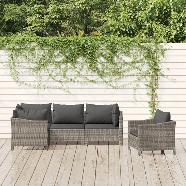 Salon de jardin 5 pcs avec coussins Gris Résine tressée