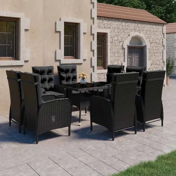 Ensemble à Manger de jardin 9 pcs Résine tressée et verre Noir