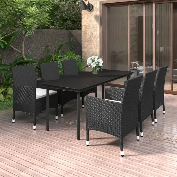 Ensemble à manger de jardin coussins 7 pcs Résine tressée Verre