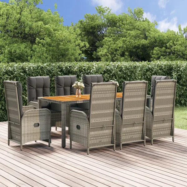 Ensemble à manger de jardin 9 pcs coussins gris résine tressée