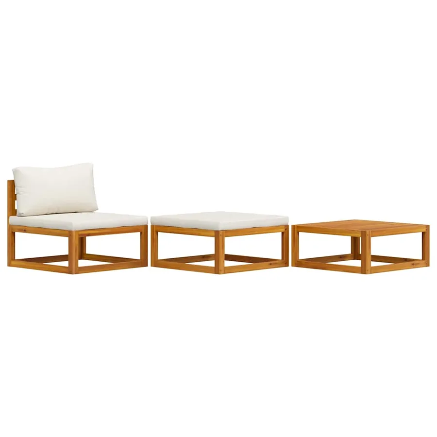 Salon de jardin 3 pcs avec coussins crème Bois d'acacia solide - 2