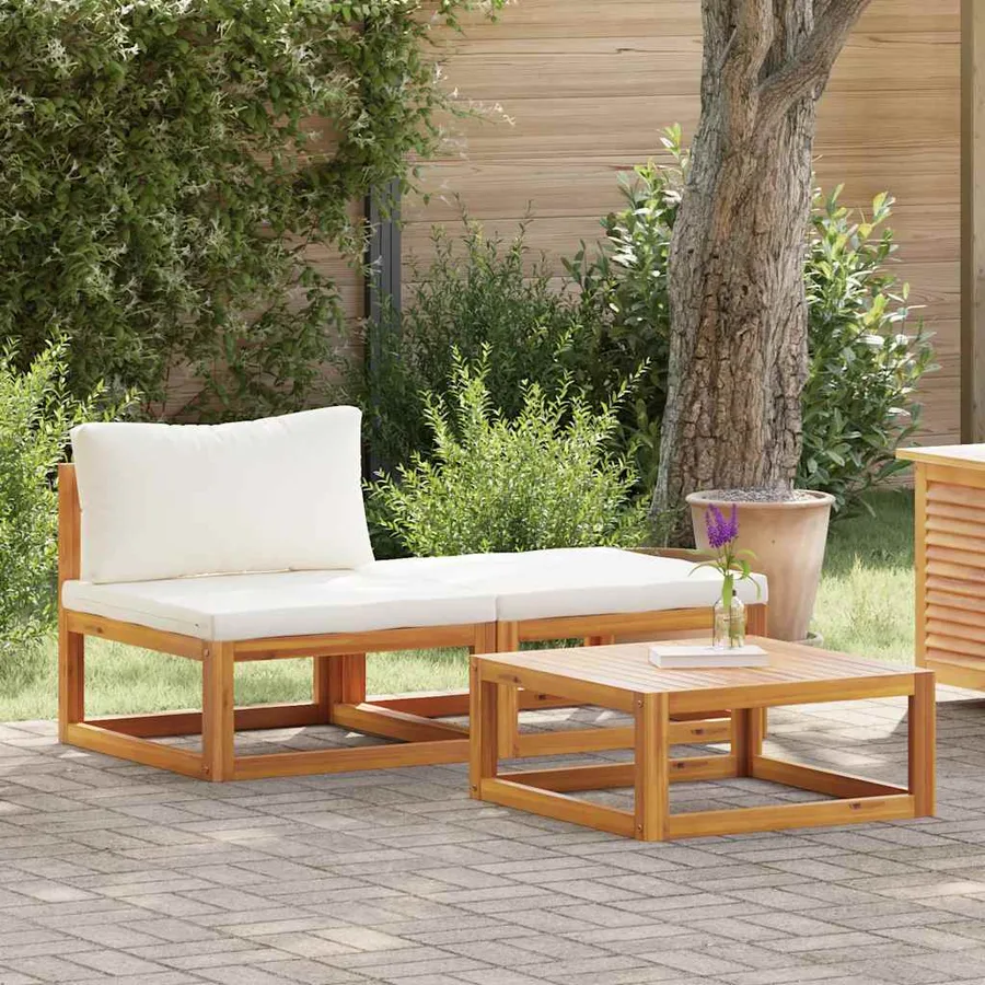 Salon de jardin 3 pcs avec coussins crème Bois d'acacia solide - 3